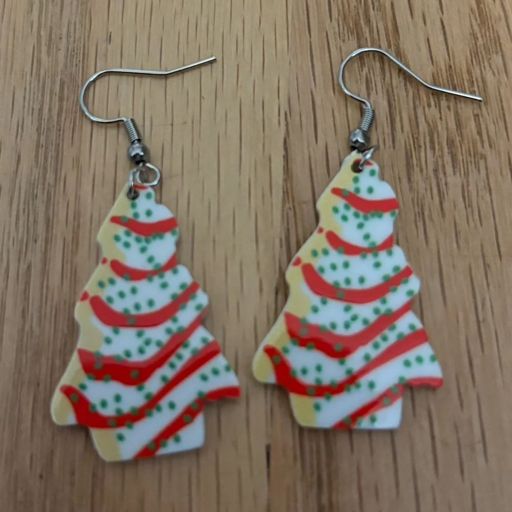 Little Debbie Christmas Tree Festive Earrings NEW White Red